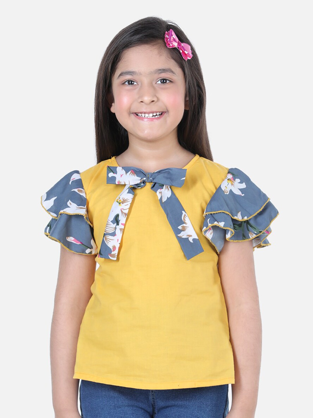 

Cutiekins Yellow Floral Print Top with Bow