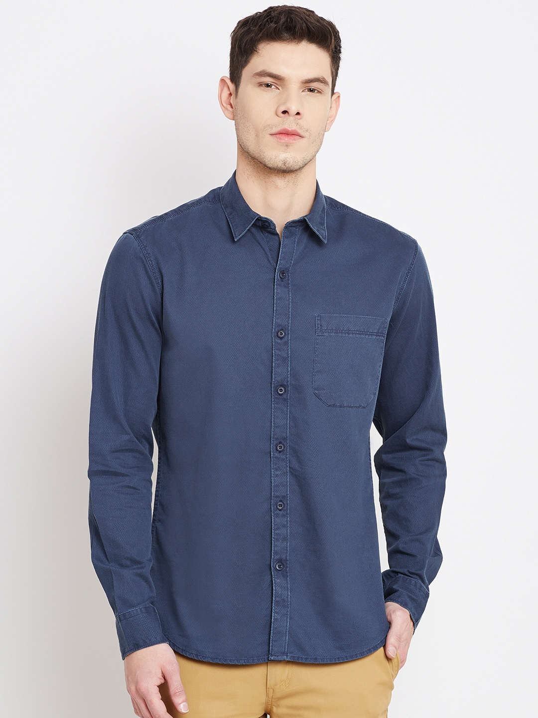 

John Players Men Navy Trim Fit Self-Design Chambray Shirt, Navy blue