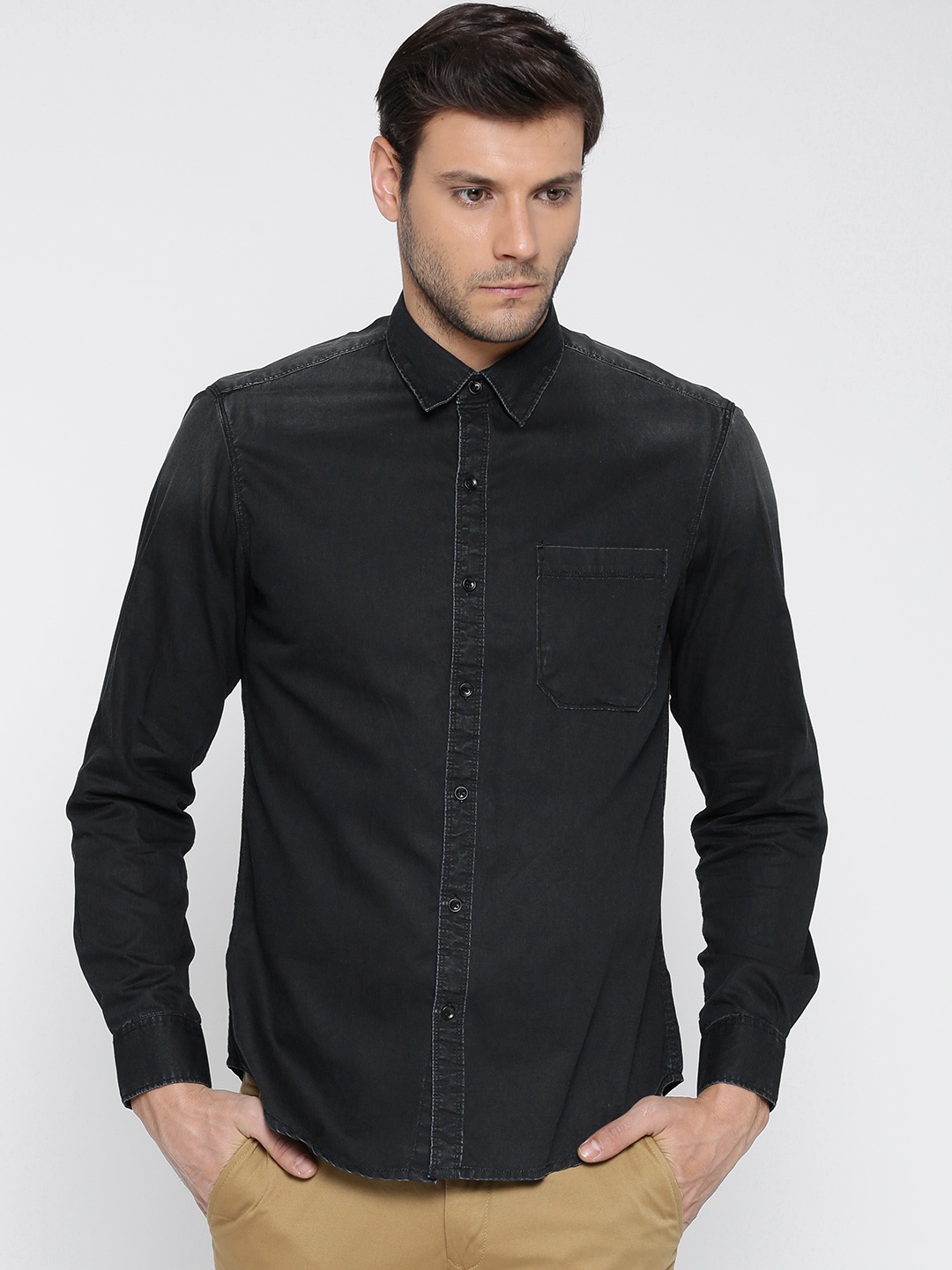 

John Players Men Navy Trim Fit Solid Denim Shirt, Navy blue