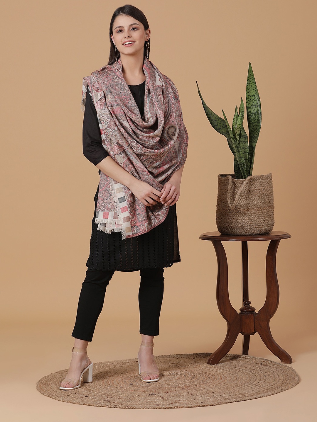 

SHINGORA Women Beige & Orange Woven Design Pure Woolen Shawl