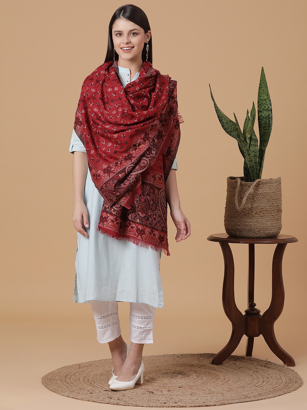 

SHINGORA Women Maroon & Black Ethnic Motifs Woven-Design Wool Shawl