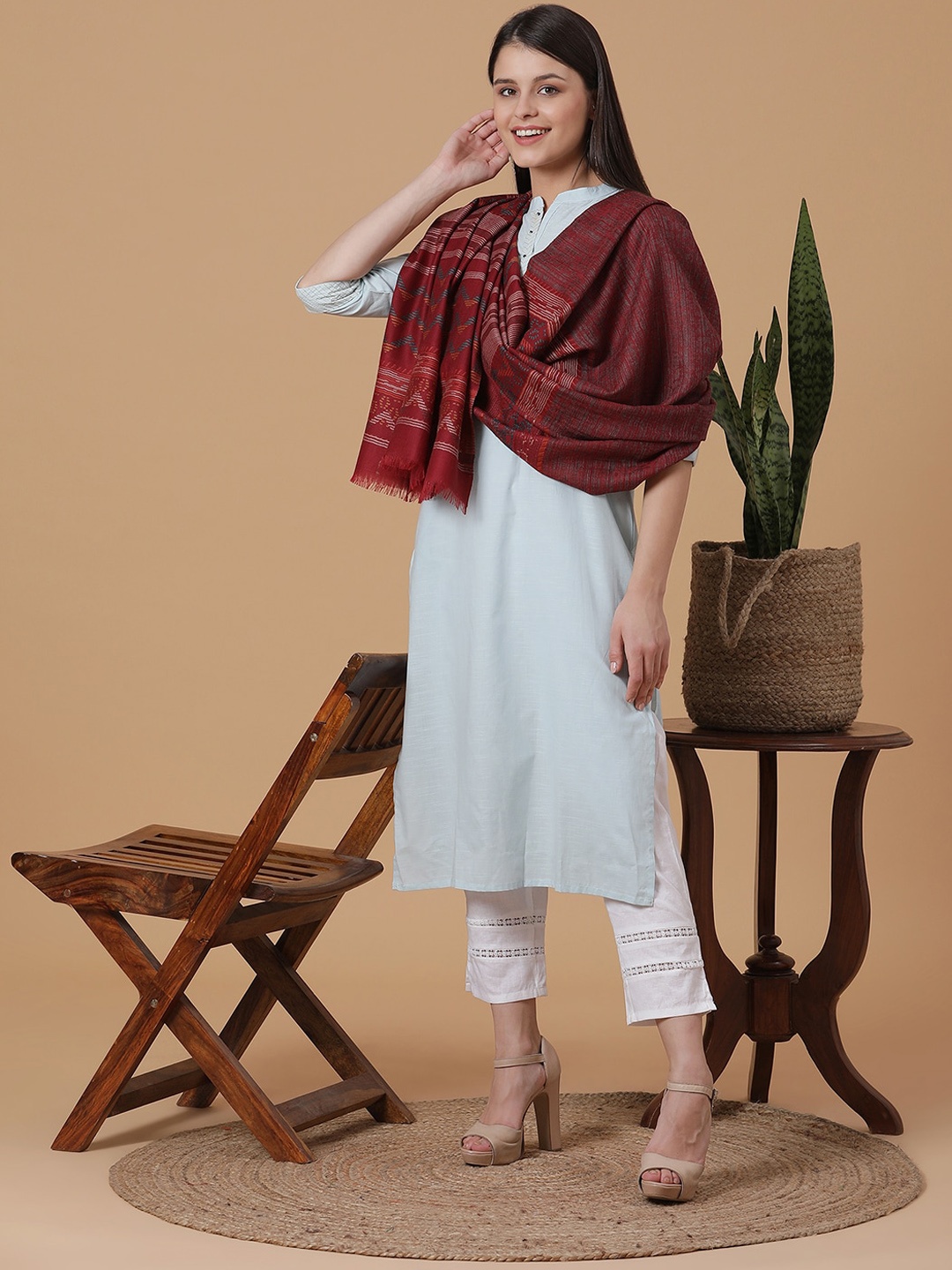

SHINGORA Women Maroon & Beige Woven-Design Pure Woolen Shawl
