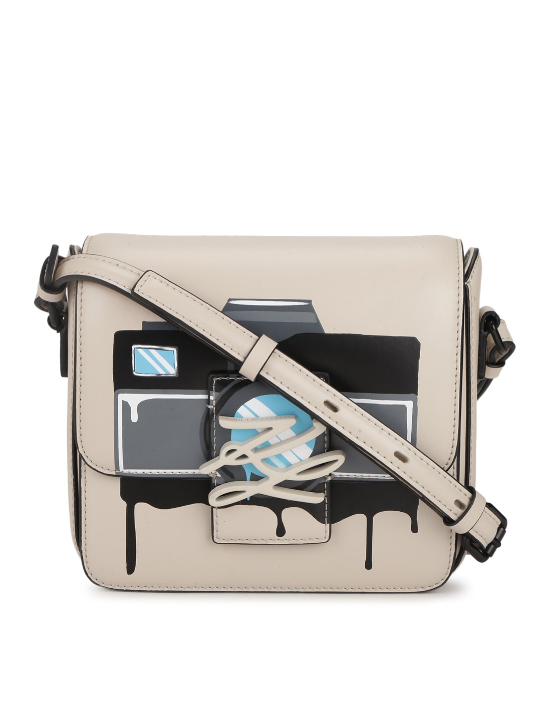 

Karl Lagerfeld Cream-Coloured Printed Leather Structured Sling Bag
