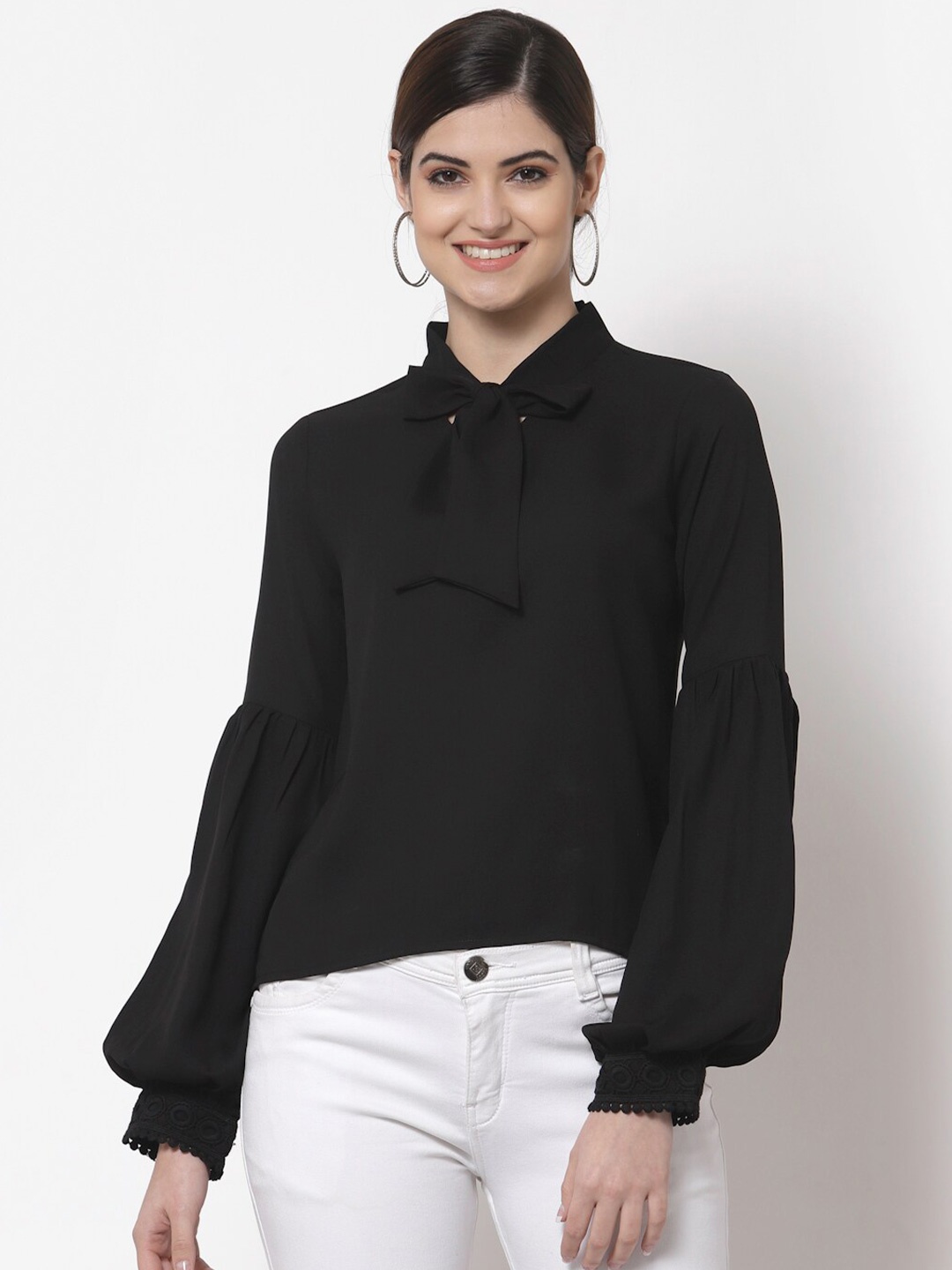 

Style Quotient Black Tie-Up Neck Bishop Sleeves Crepe Top
