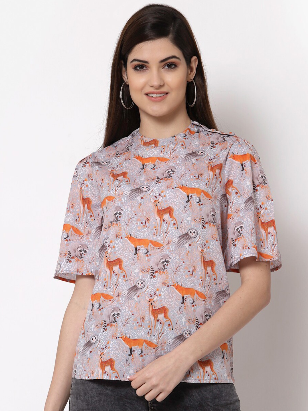 

Style Quotient Grey Floral Print Crepe Top