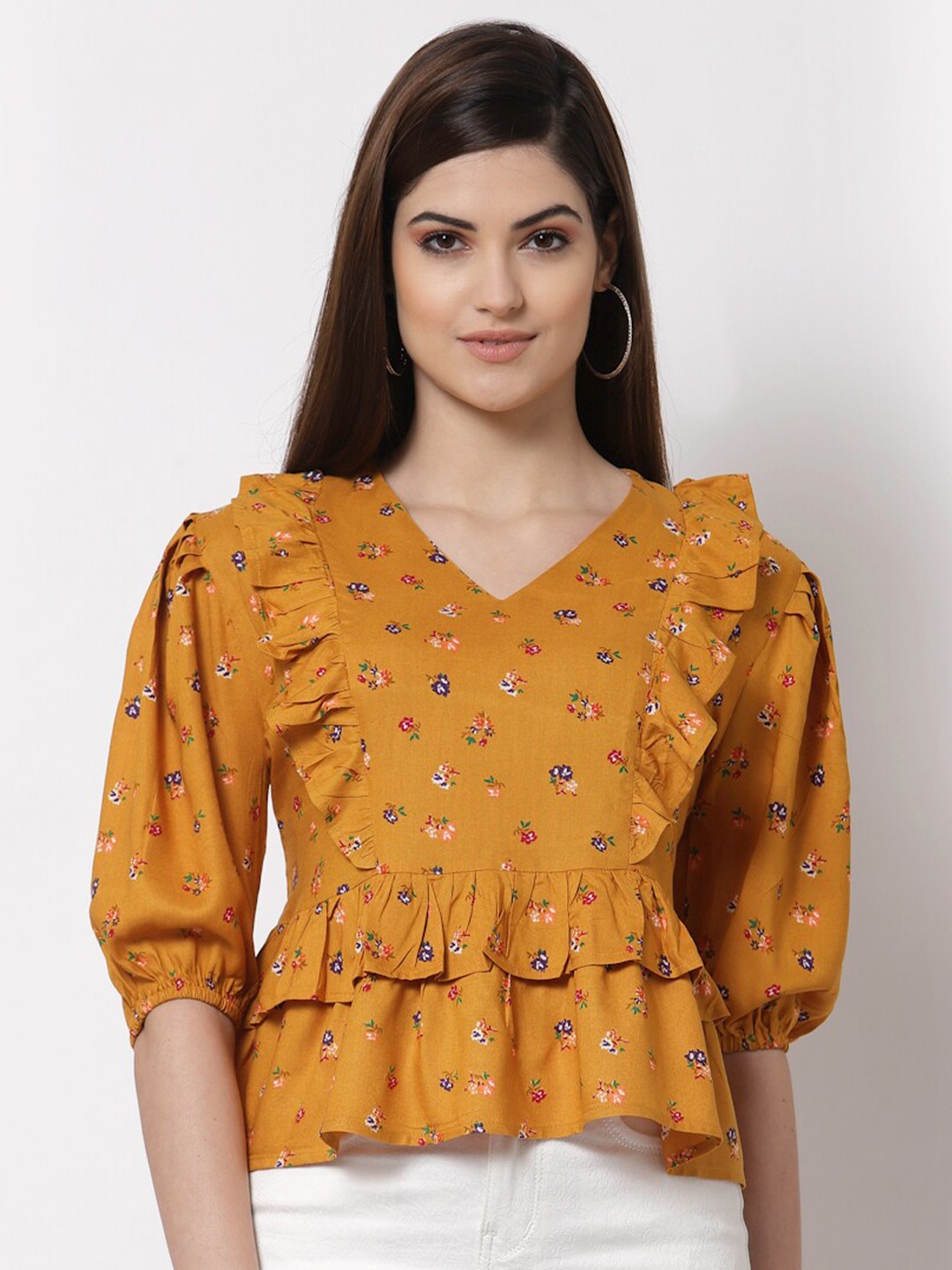 

Style Quotient Mustard Yellow Floral Print Peplum Top
