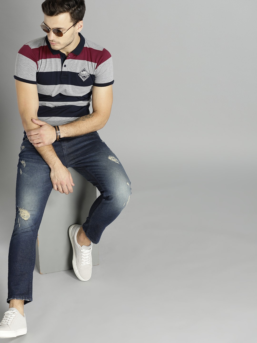 

Roadster Men Grey Navy Striped Polo Pure Cotton T-shirt