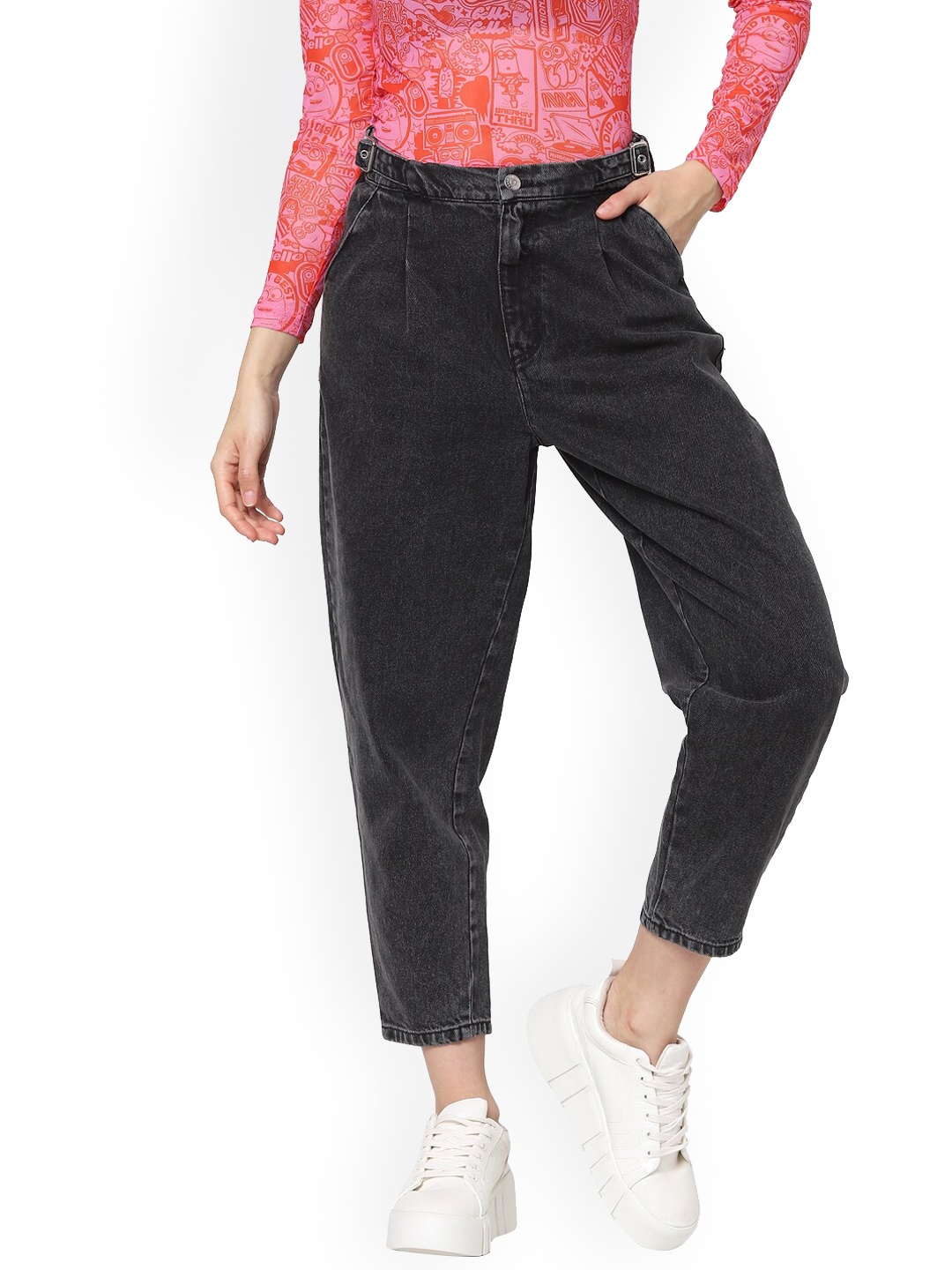 

ONLY Women Charcoal Grey High-Rise Cropped Jeans