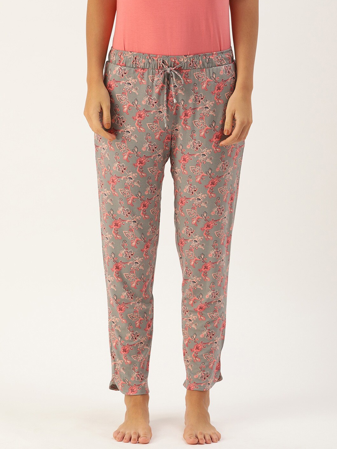 

Enamor Women Grey & Coral Printed Lounge Pants