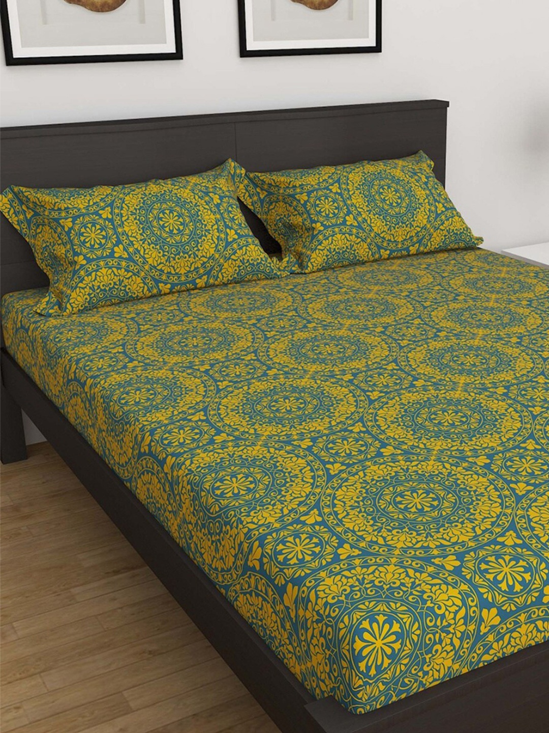 

Home Centre Green & Yellow Ethnic Motifs 100 TC King Bedsheet with 2 Pillow Covers