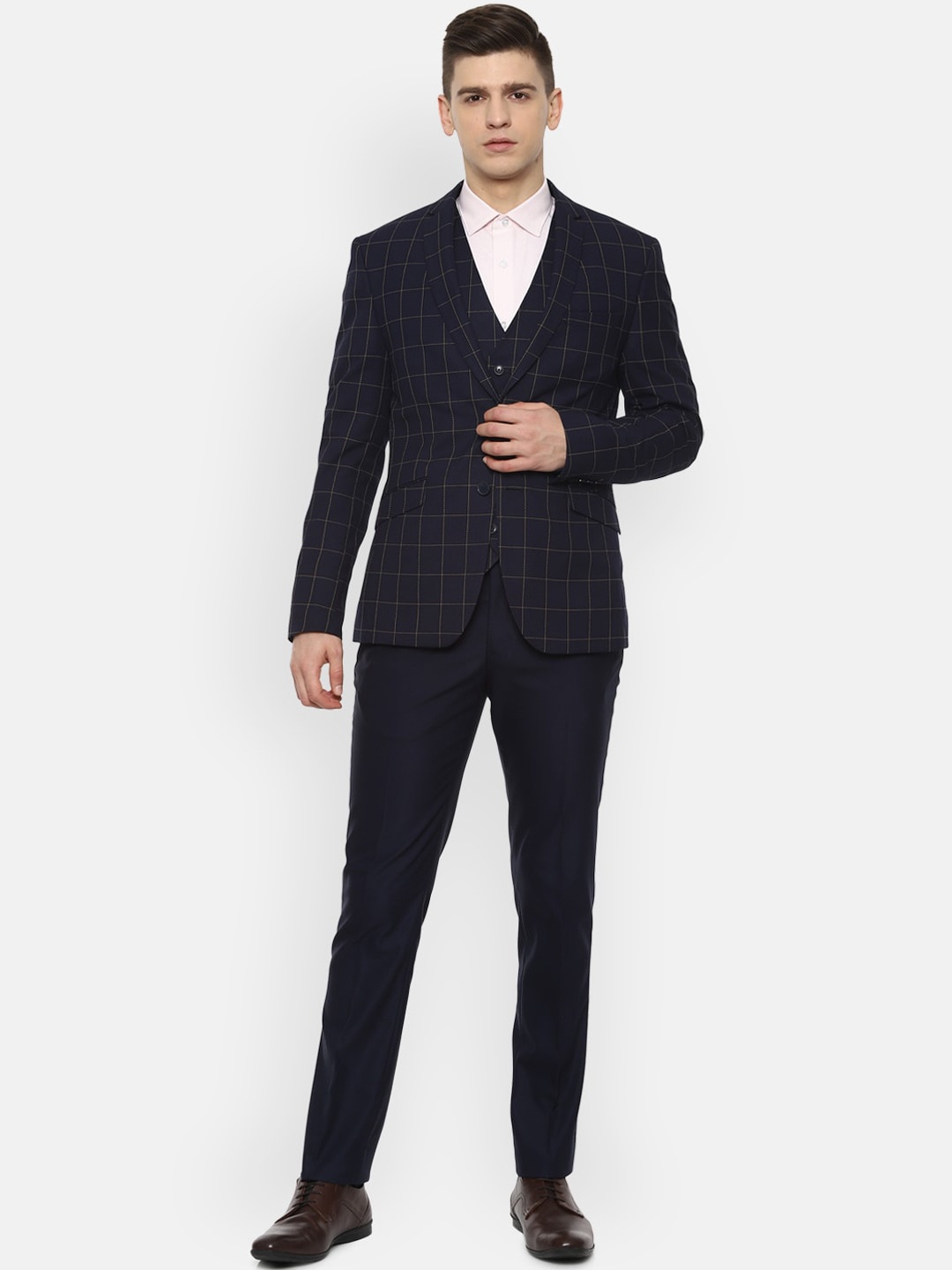 

V Dot Men Navy Blue Checked Single-Breasted Slim-Fit 3-Piece Suit