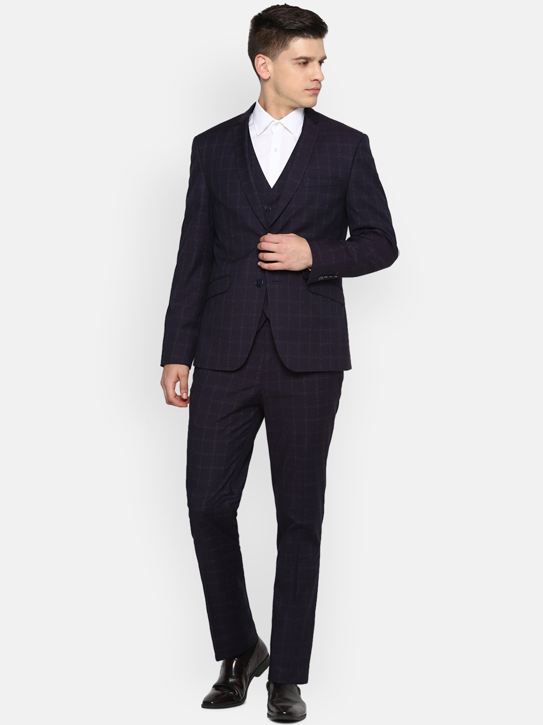 

V Dot Men Navy Blue Checked Single-Breasted Slim-Fit 3-Piece Suit