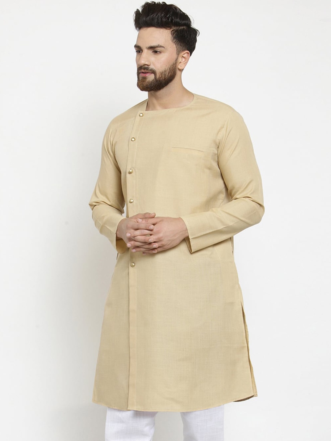 

TREEMODA Men Pure Cotton Beige Solid Angrakha Kurta