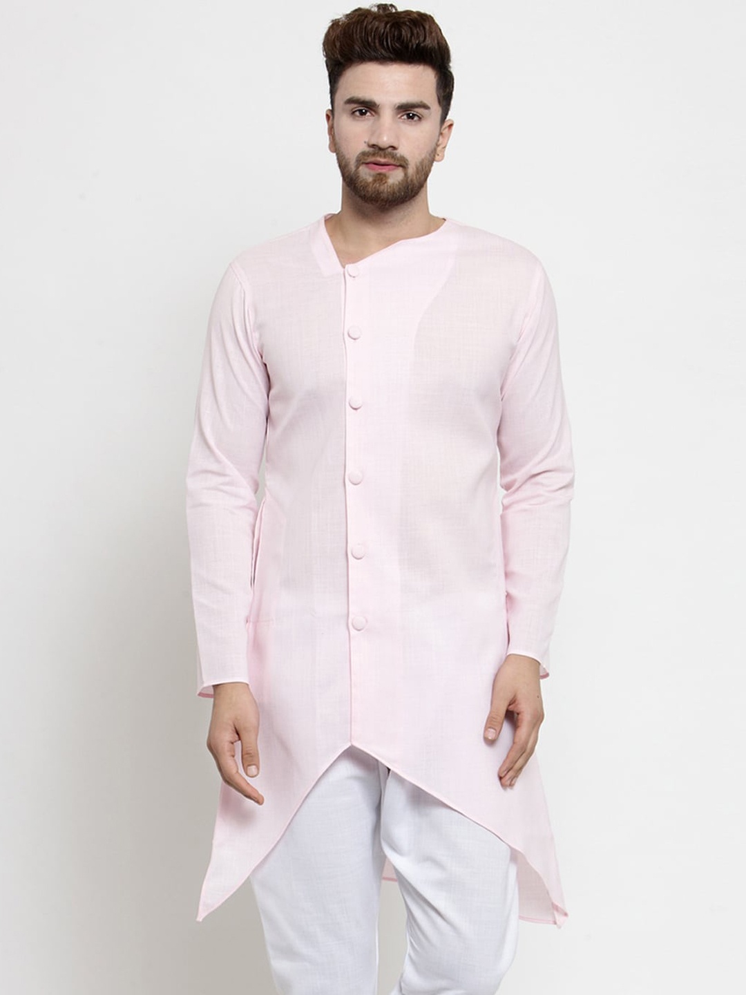 

TREEMODA Men Pure Cotton Pink Solid Angrakha Asymmetric Kurta