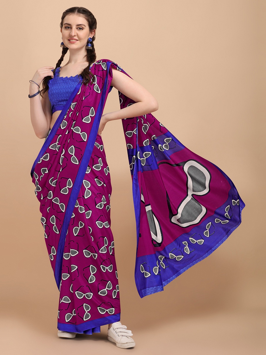 

KALINI Purple & Blue Silk Blend Block Print Saree