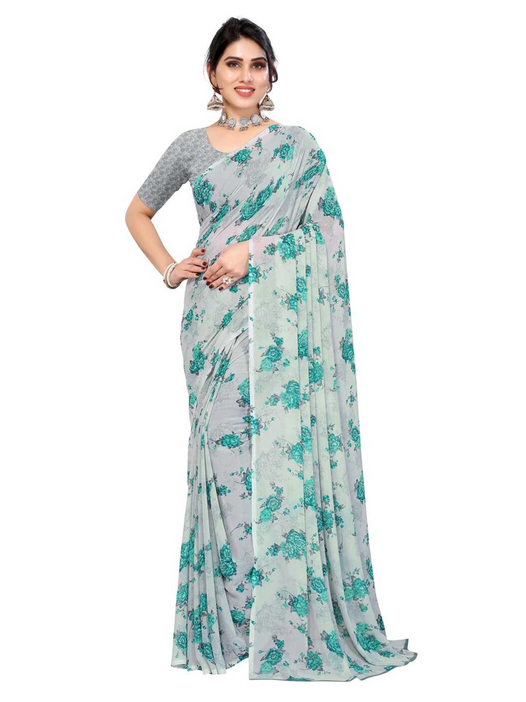 

KALINI Grey & Green Floral Pure Georgette Saree
