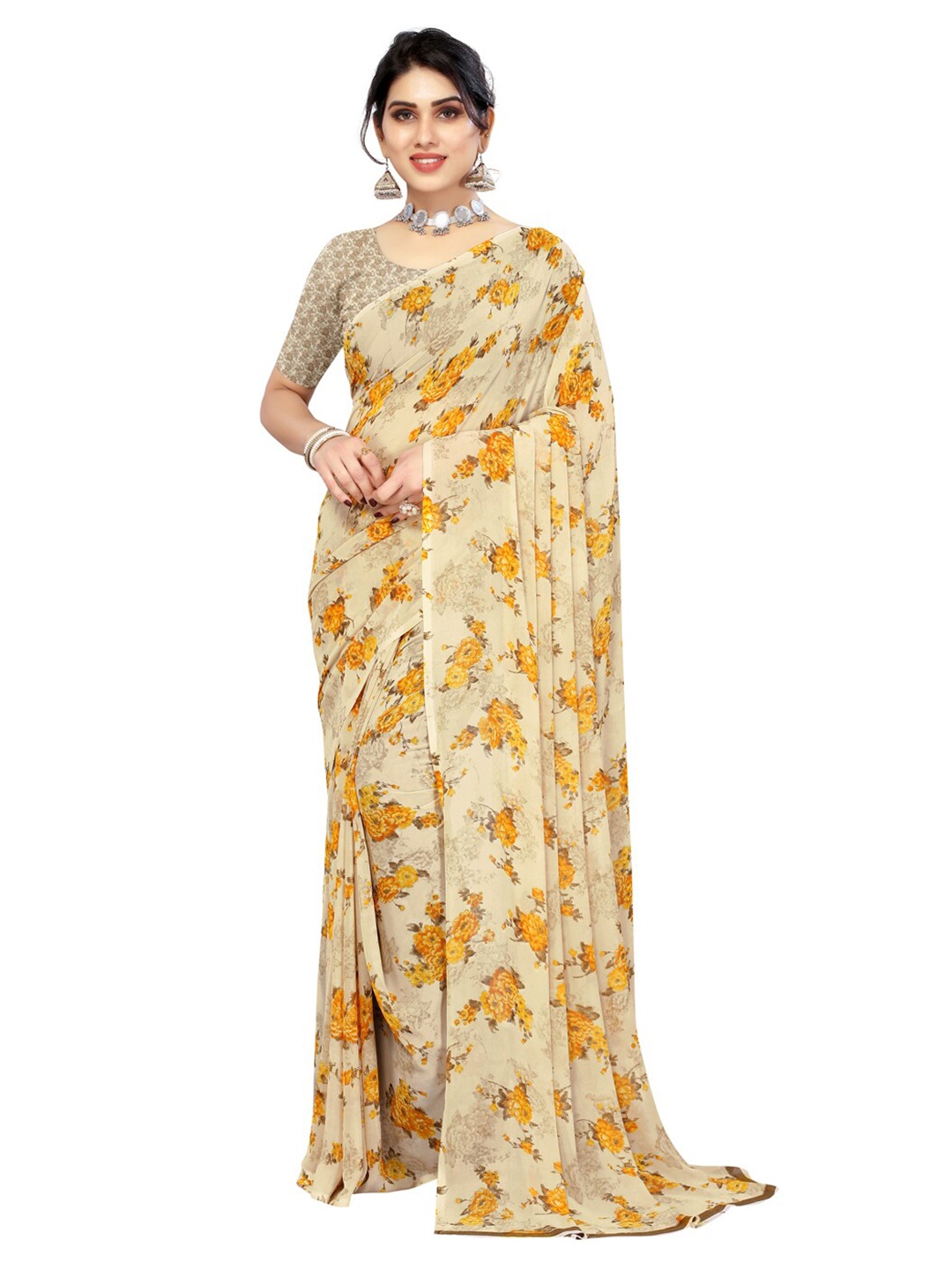 

KALINI Cream-Coloured & Yellow Floral Pure Georgette Saree