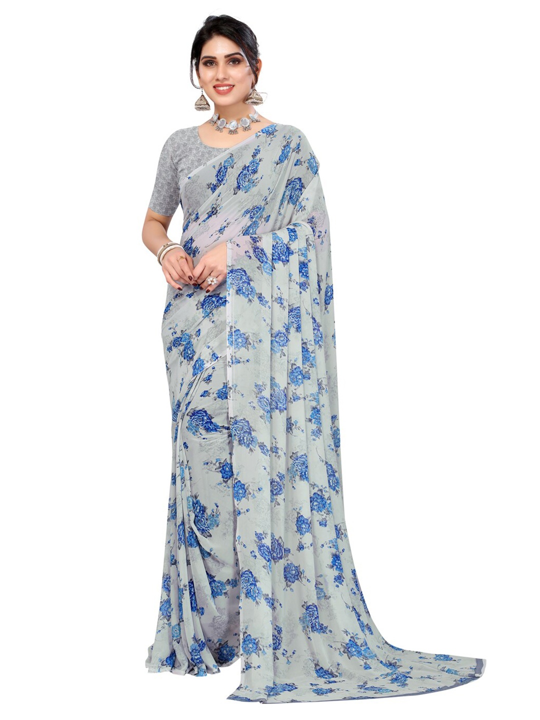 

KALINI Grey & Blue Floral Pure Georgette Saree