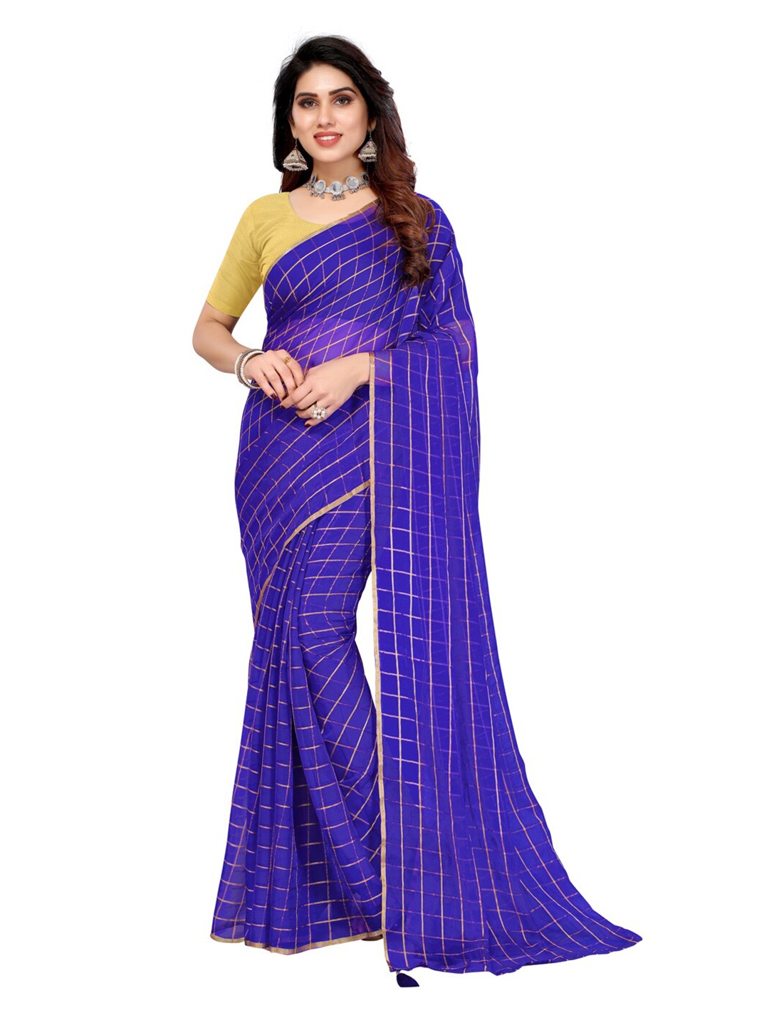 

KALINI Blue & Gold-Toned Checked Zari Pure Chiffon Saree