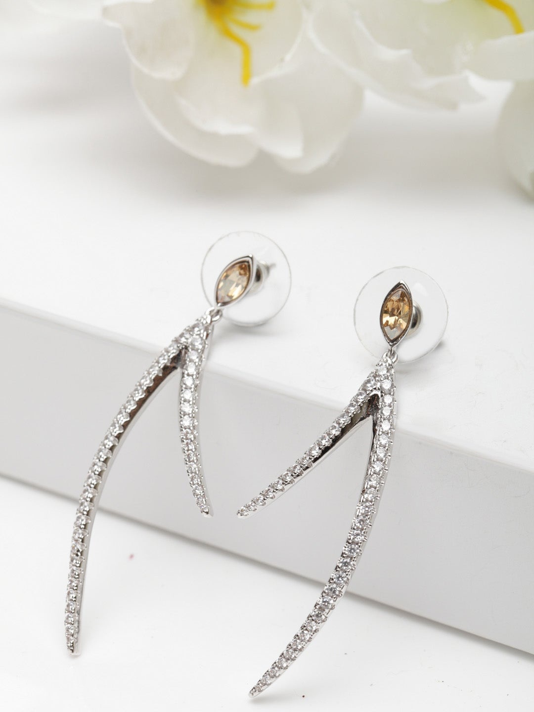 

AVANT-GARDE PARIS Silver-Toned Swarovski Crystal Studded Contemporary Drop Earrings
