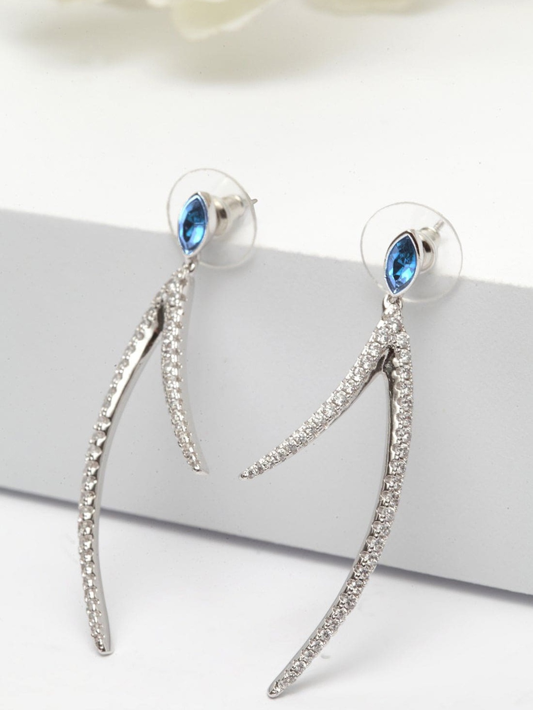 

AVANT-GARDE PARIS Silver-Toned Swarovski Crystal Studded Contemporary Drop Earrings