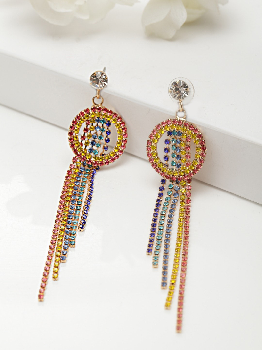 

AVANT-GARDE PARIS Multicoloured Crystals Studded Contemporary Drop Earrings, Multi