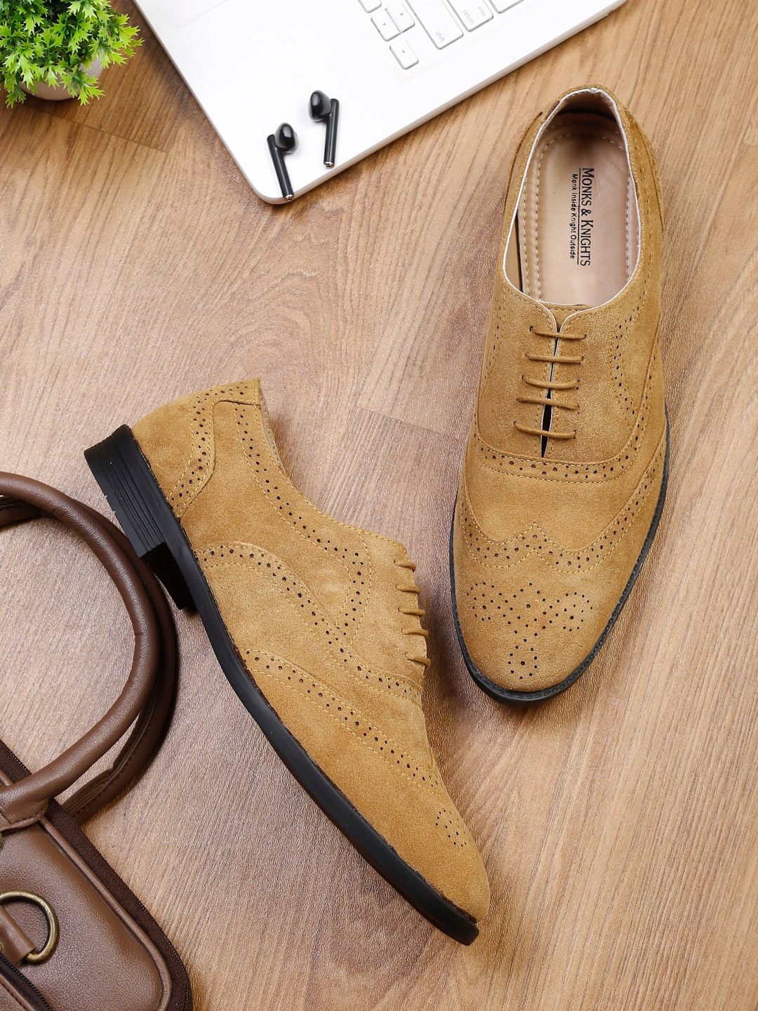 

MONKS & KNIGHTS Men Tan Perforations Suede Brogues