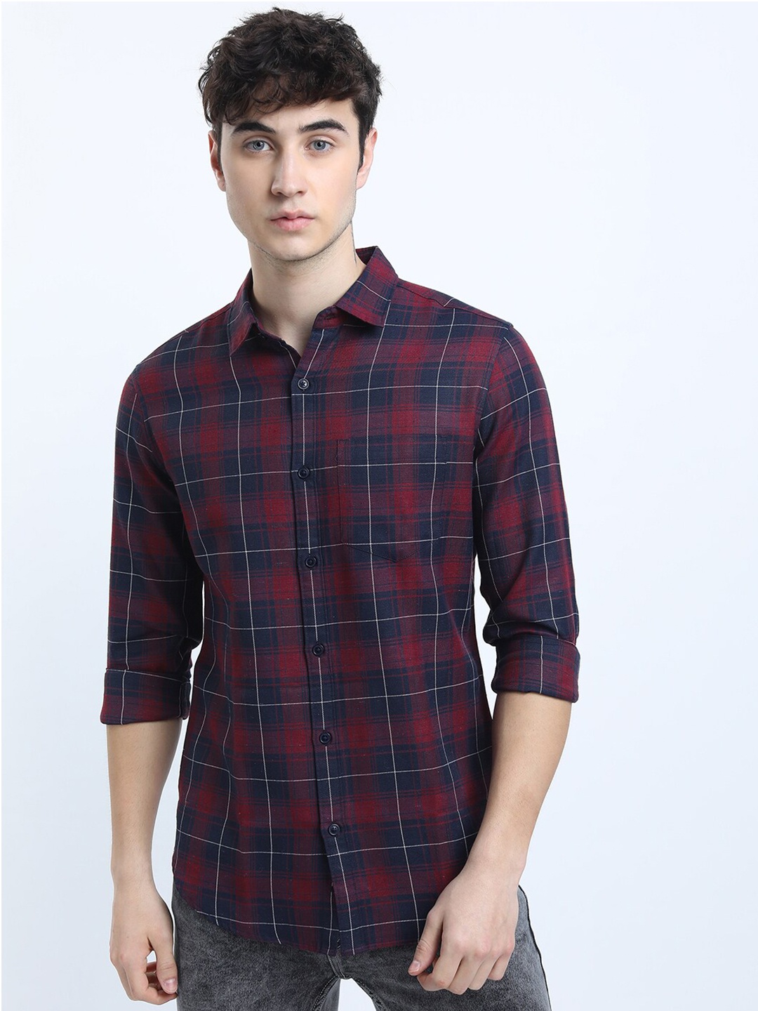 

KETCH Men Navy Blue Slim Fit Tartan Checks Checked Casual Shirt