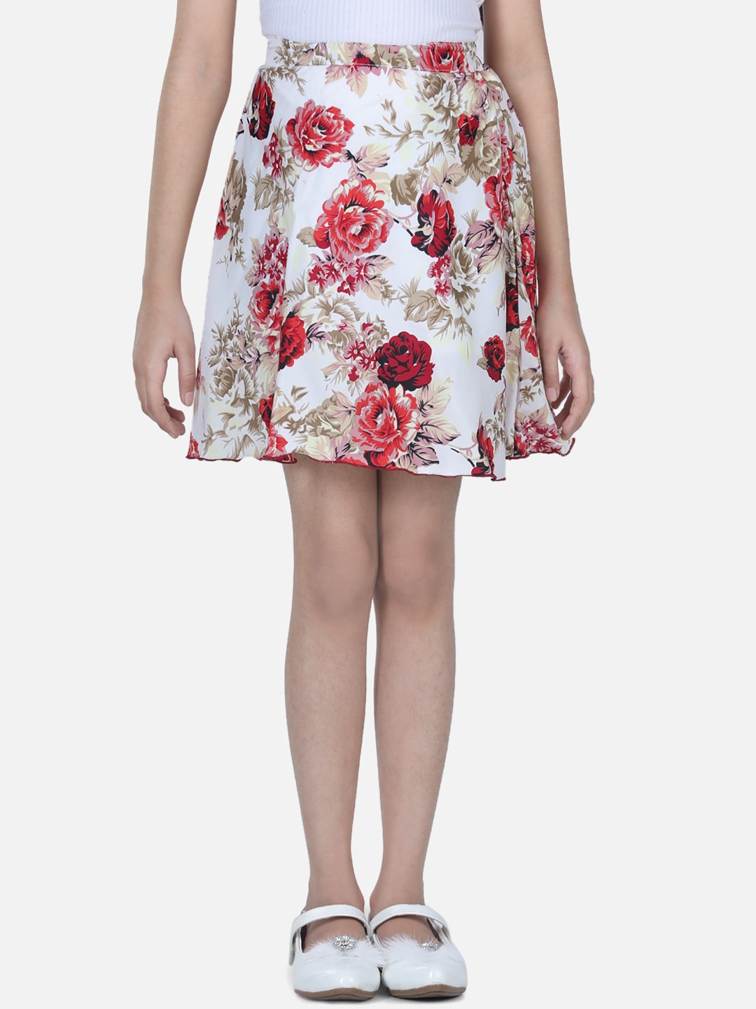 

Cutiekins Girls Cream-Coloured & Red Floral Printed Above Knee-Length Flared Skirt