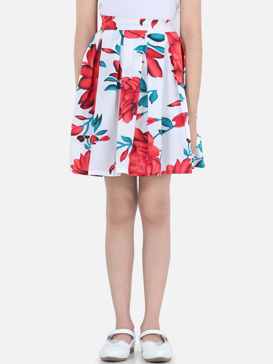 

Cutiekins Girls White & Red Printed Knee-Length Flared Skirt