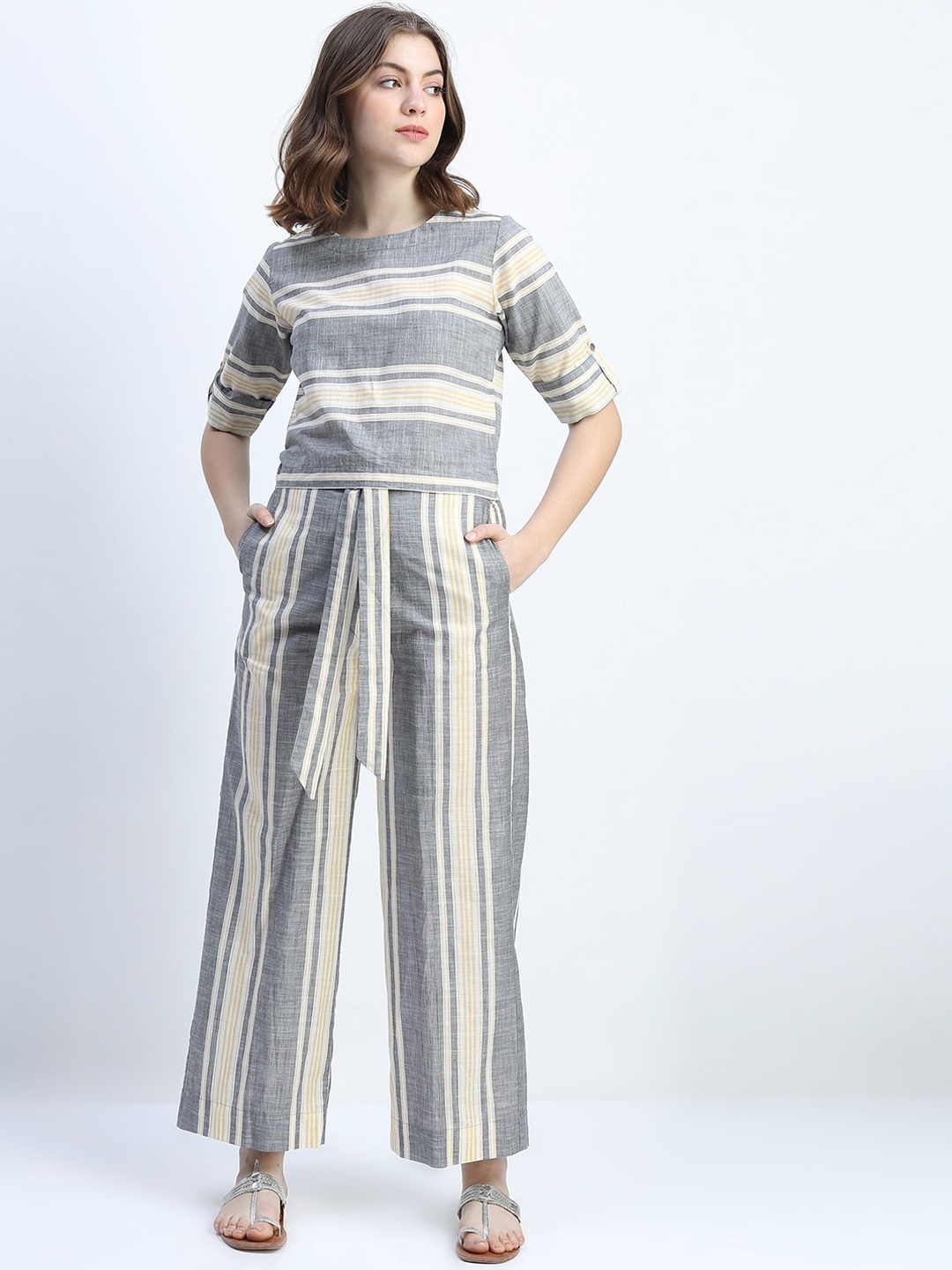 

Vishudh Women Women Yellow & Charcoal Striped Top with Trouser