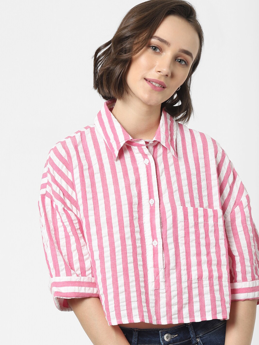 

ONLY Women Pink Boxy Striped Casual Shirt