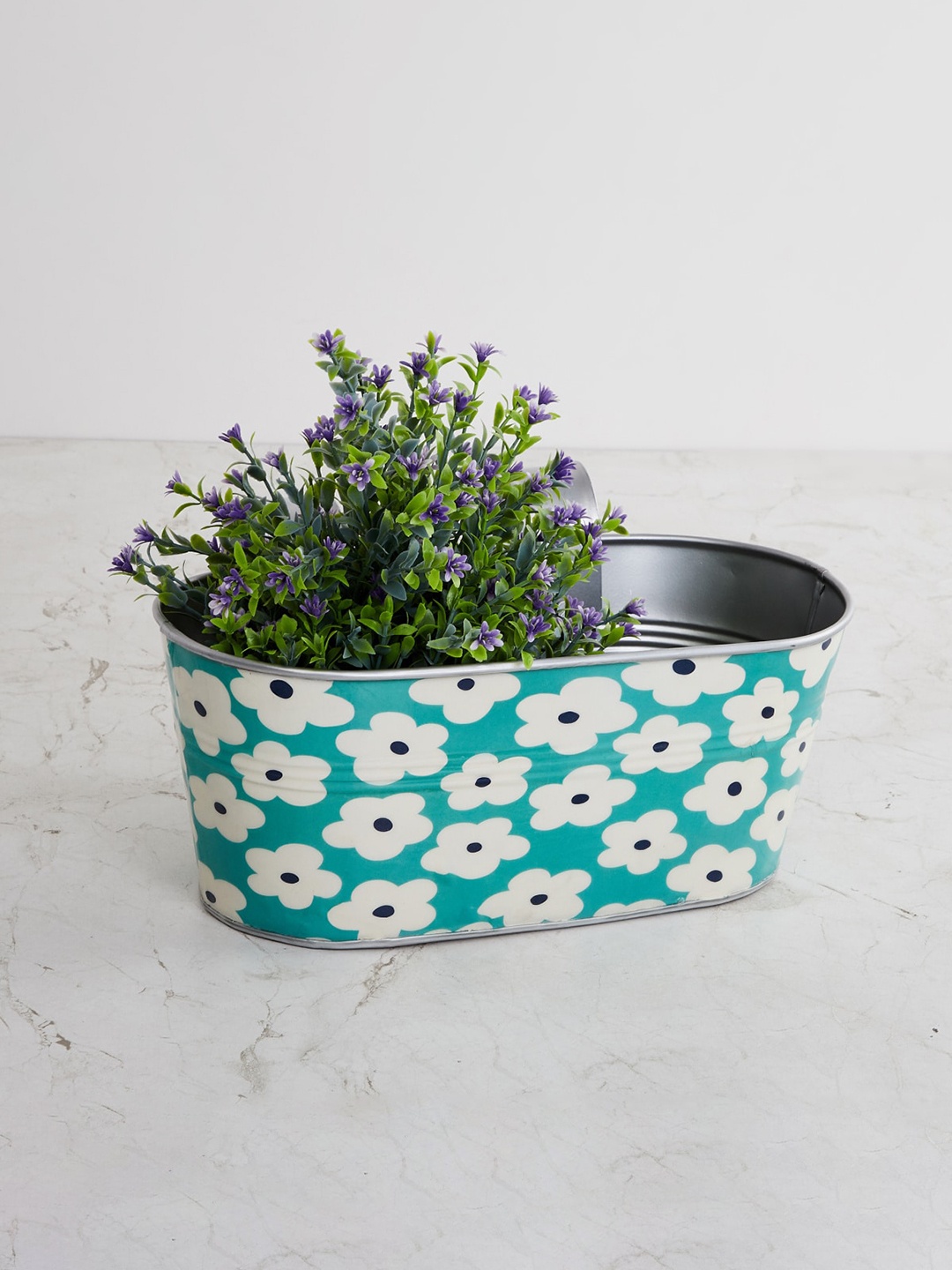 

Home Centre Teal Green & White Printed Metal Oval Rail Planter
