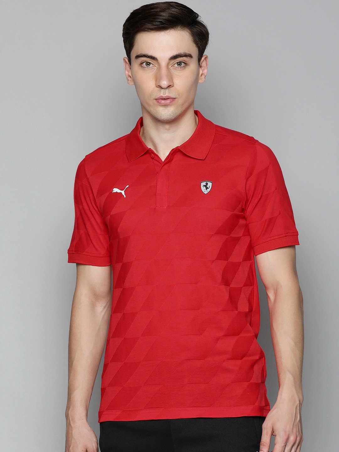 

PUMA Motorsport Men Red Polo Collar Scuderia Ferrari Style Jacquard Polo Cotton Motorsport T-shirt