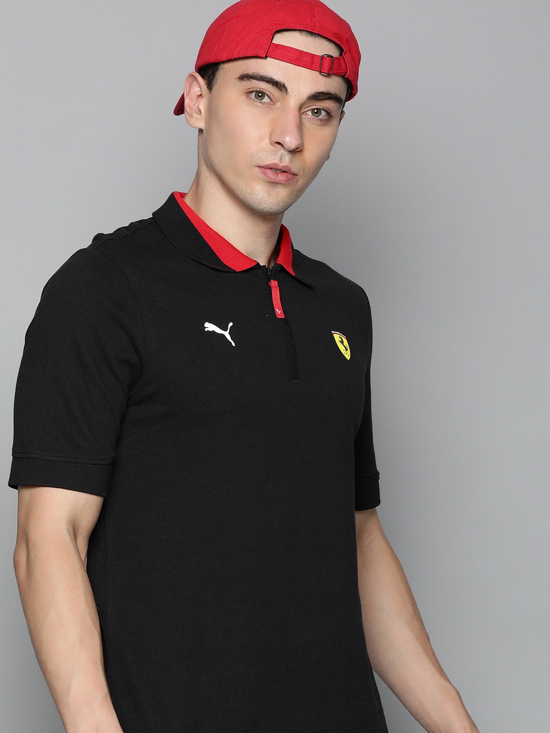 

PUMA Motorsport Men Black Brand Logo Printed Polo Collar Pure Cotton Motorsport T-shirt