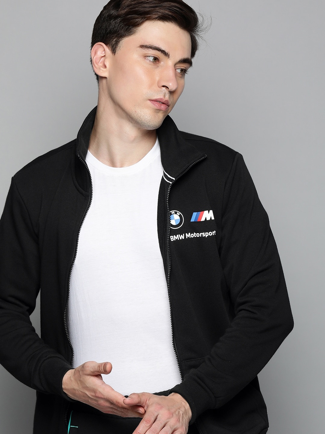 

PUMA Motorsport Men Black Printed Mock Collar BMW Front-Open Motorsports Sweatshirt