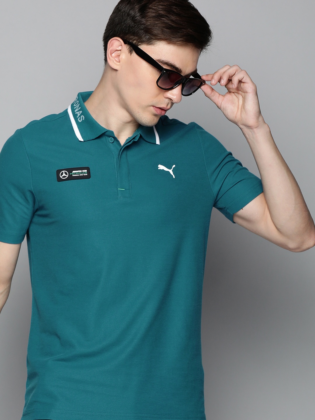 

PUMA Motorsport Men Teal Blue Brand Logo Mercedes F1 Printed Pure Cotton T-shirt