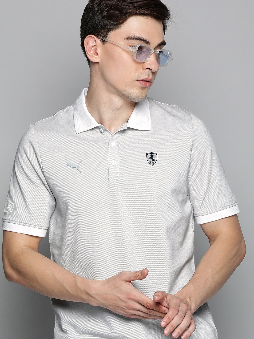 PUMA Motorsport Men Off White Brand Logo Printed Polo Collar Pure Cotton Motorsport T-shirt