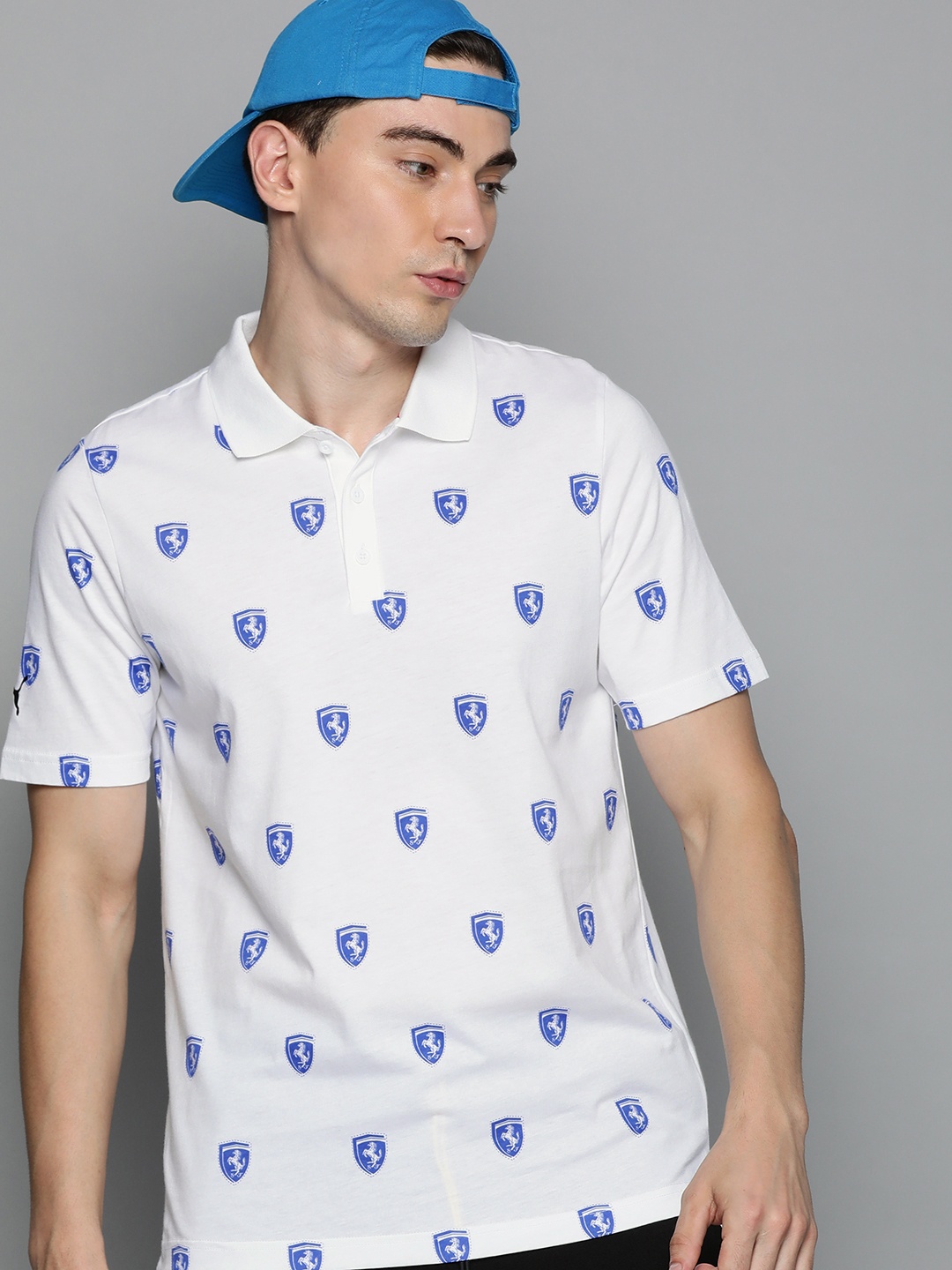 

PUMA Motorsport Men White & Blue Graphic Printed Polo Collar Pure Cotton Motorsport T-shirt