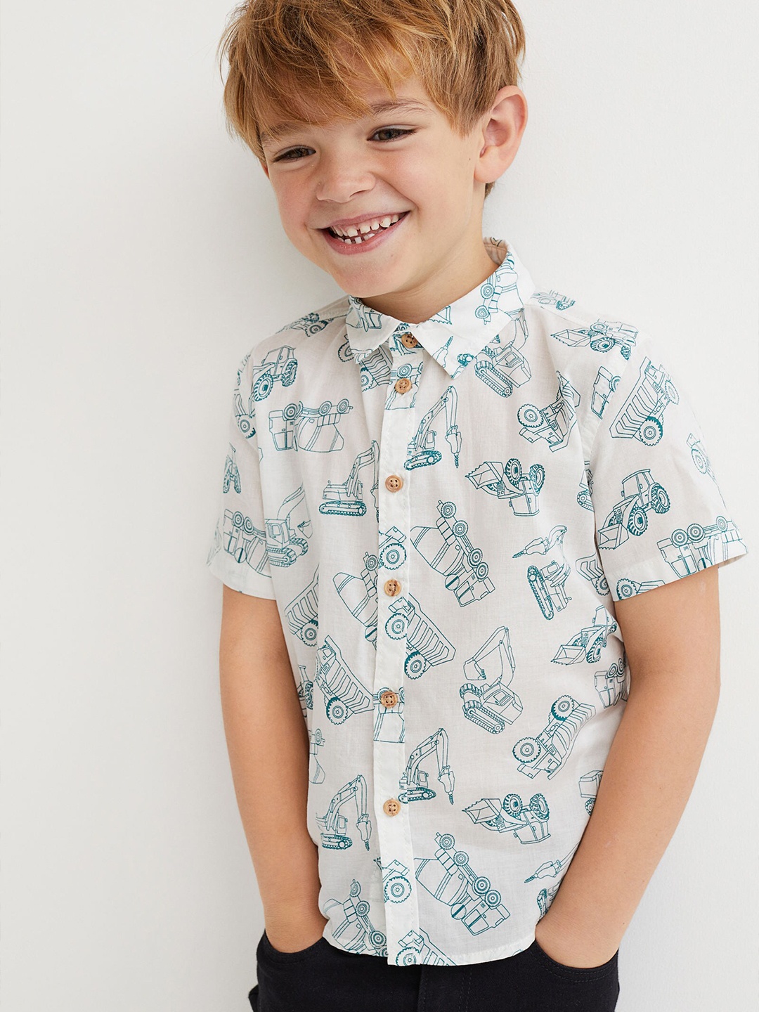 

H&M Boys White & Blue Printed Short-Sleeved Cotton Shirt