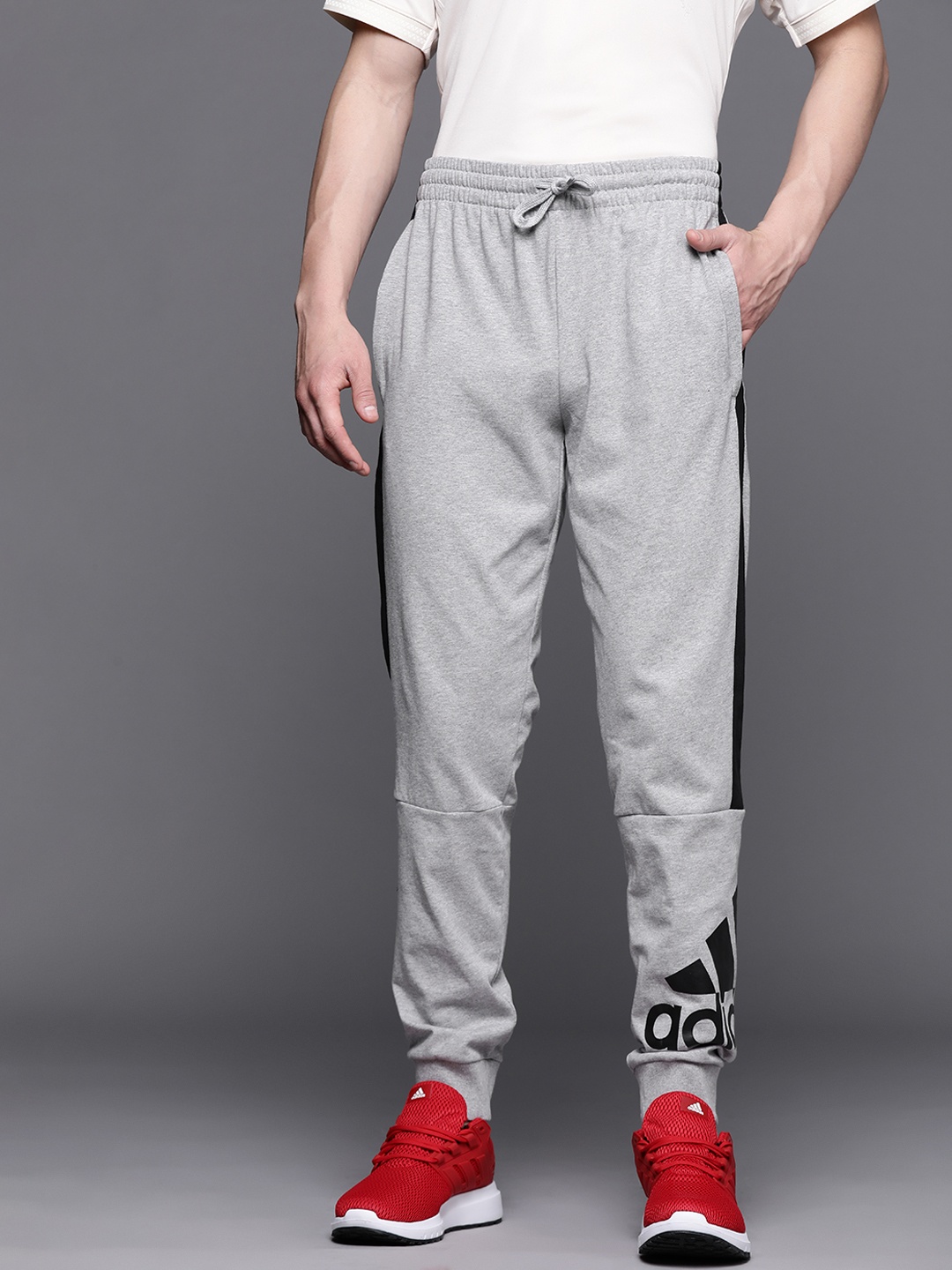 

ADIDAS Men Grey Melange & Black Brand Logo Printed Sustainable Joggers