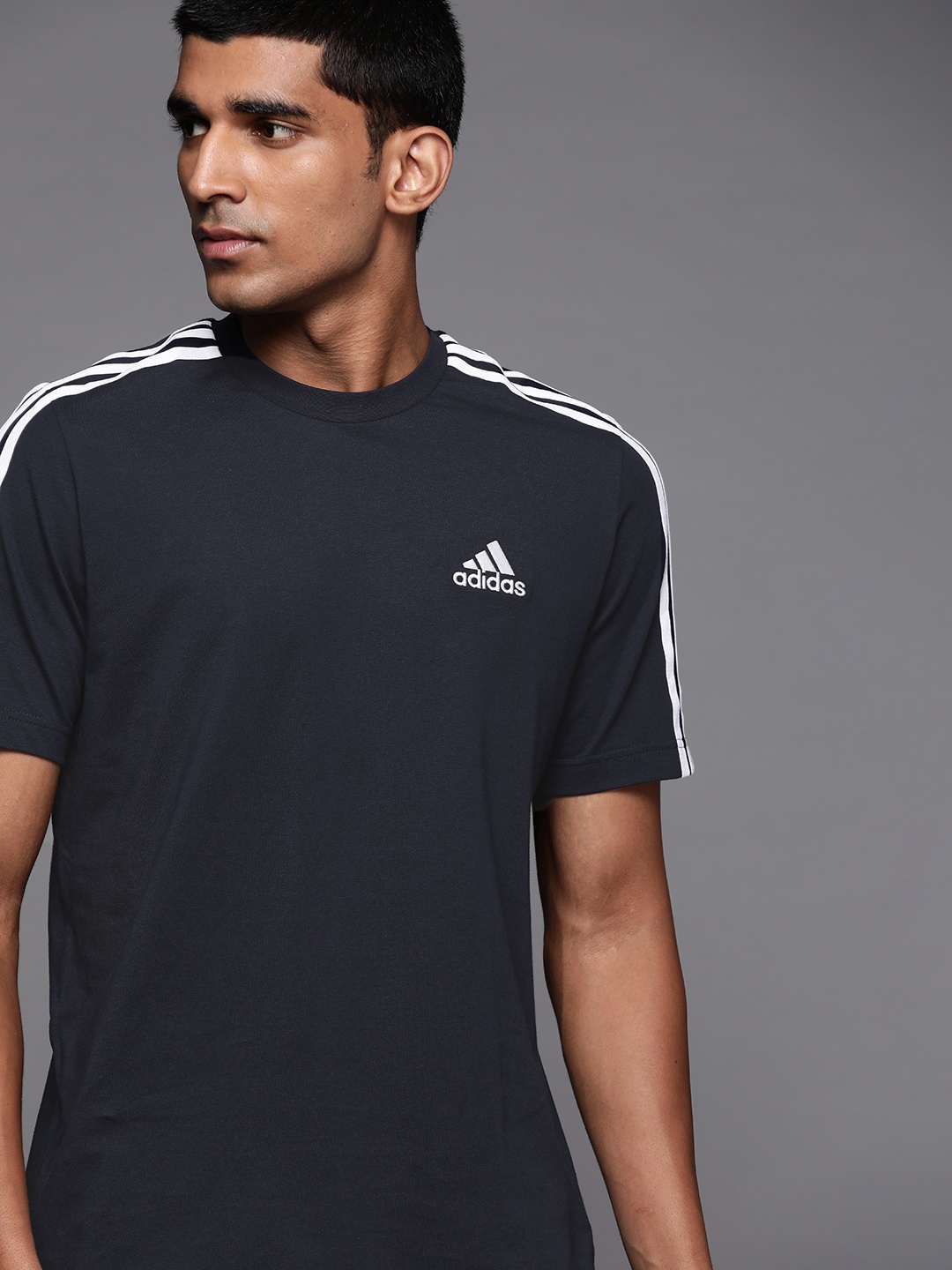 

ADIDAS Men Navy Blue Pure Cotton Brand Logo Essential 3-Stripes T-shirt