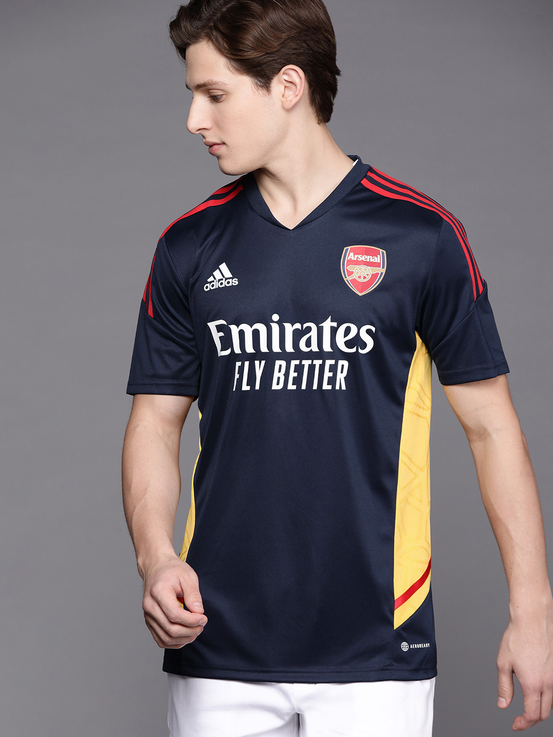 

ADIDAS Men Navy Blue & White Arsenal Printed V-Neck Football T-shirt with Aeroready Technology