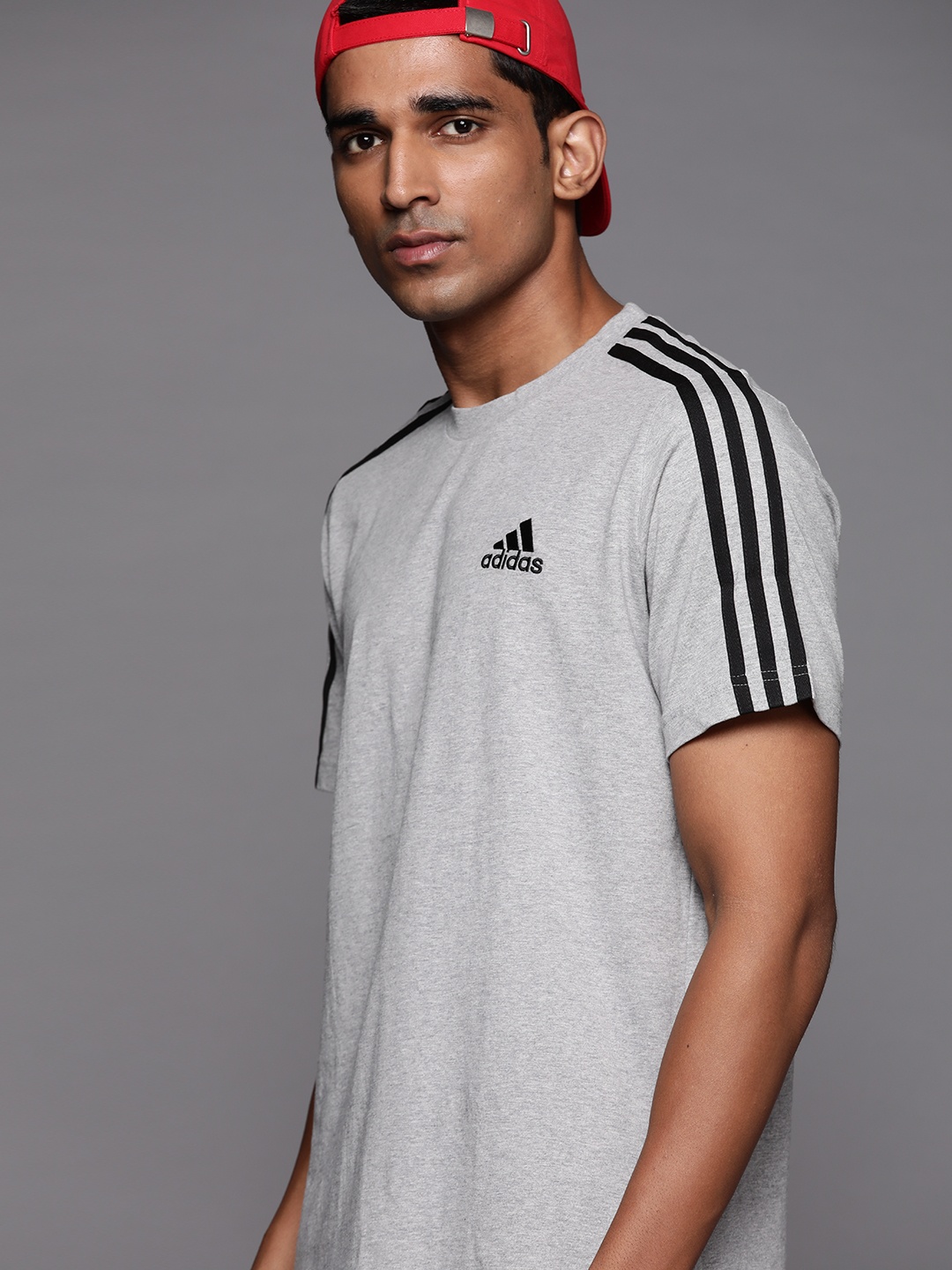 

ADIDAS Men Grey Melange & Black Pure Cotton Brand Logo Essential 3-Stripes T-shirt