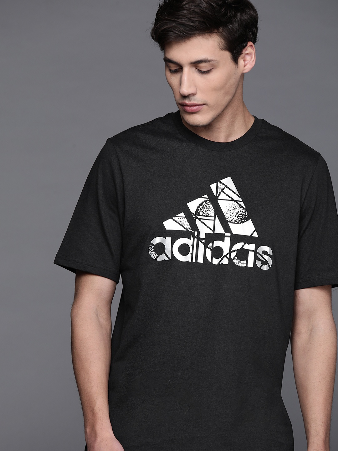 

ADIDAS Men Black & Silver Brand Logo Printed Pure Cotton M FOIL BOS G T Sustainable T-shirt