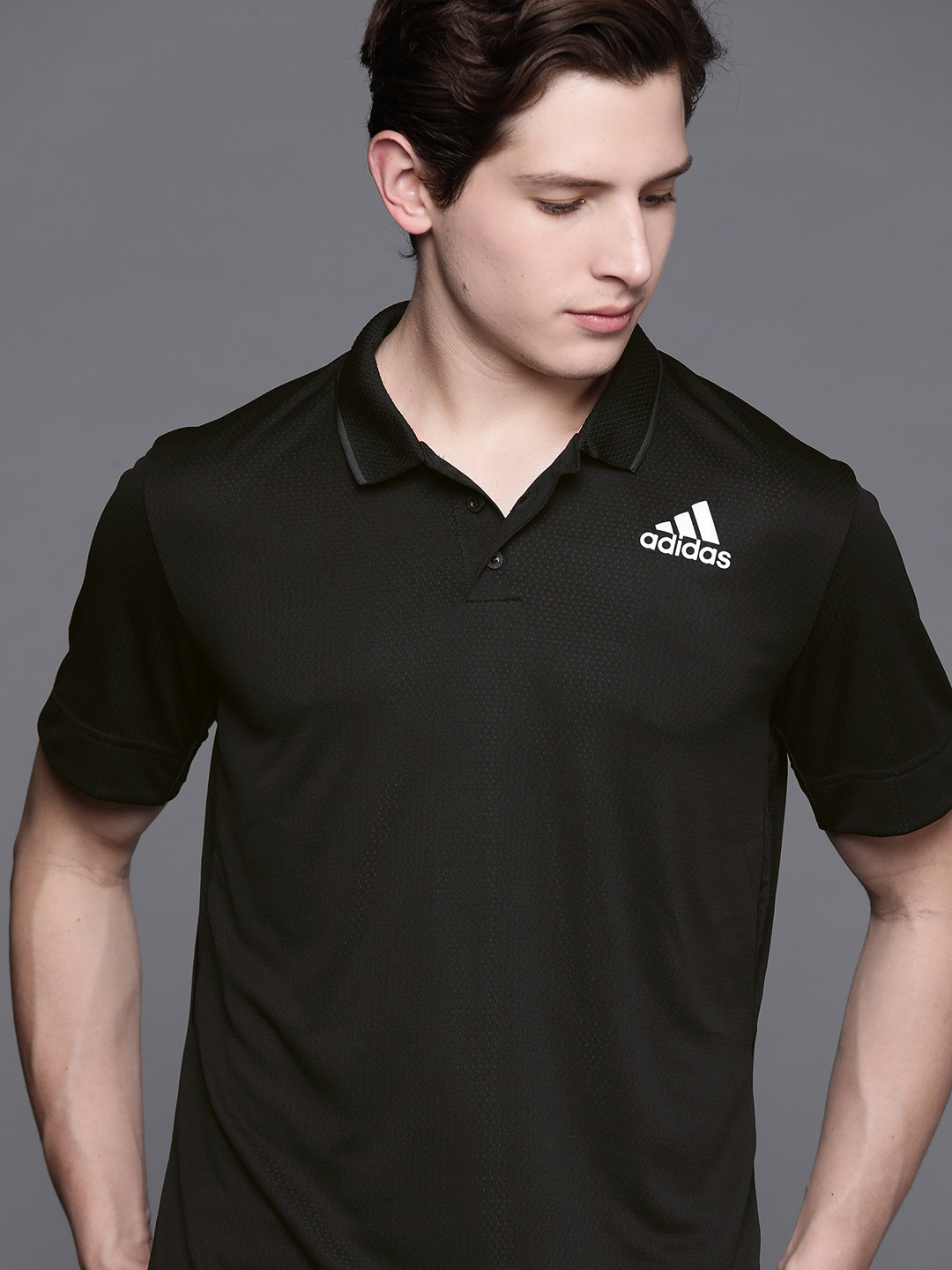 

ADIDAS Men Black Freelift Polo Collar Slim Fit Tennis Sustainable T-shirt