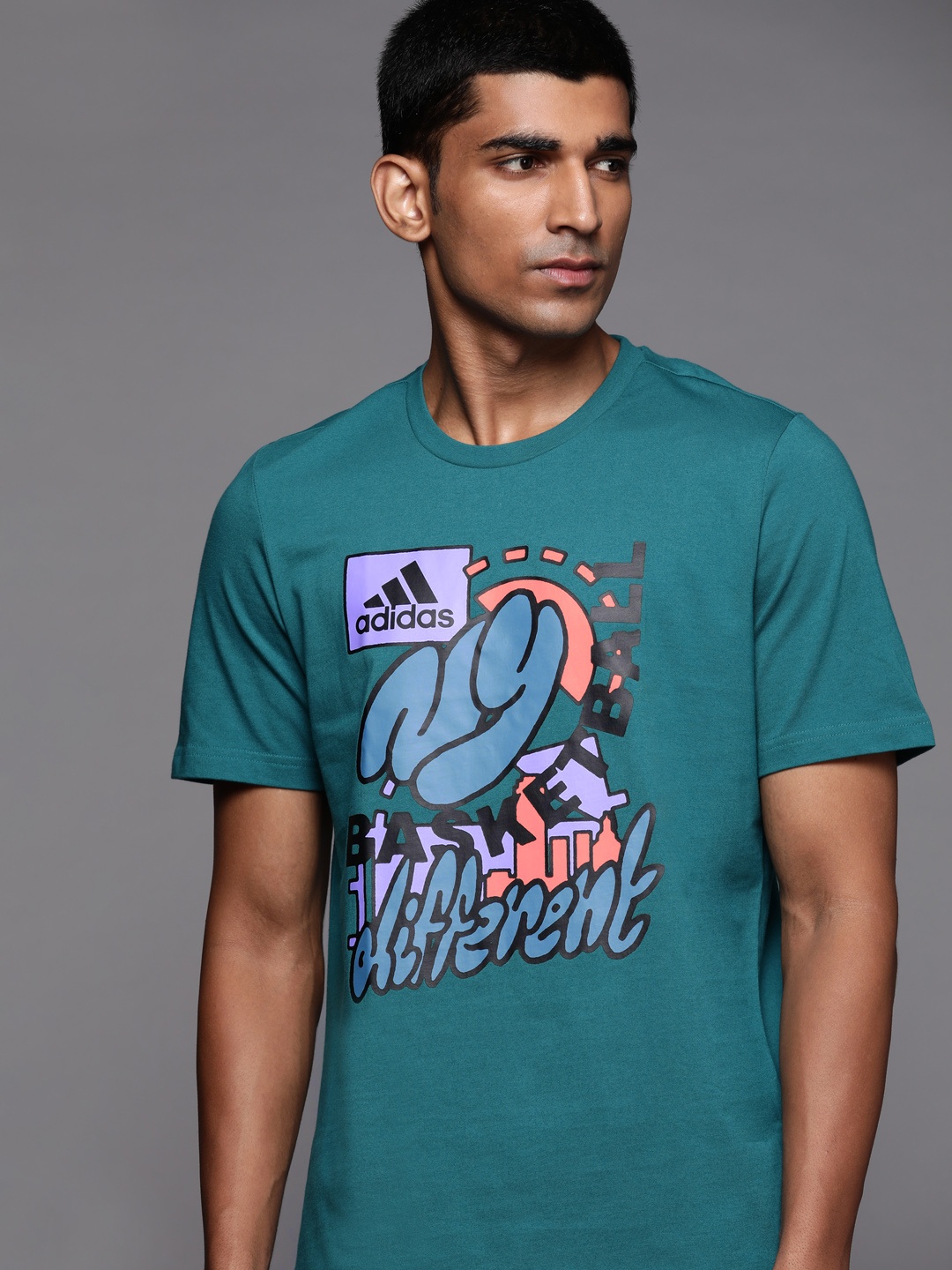

ADIDAS Men Teal Green & Coral Orange Pure Cotton NY Hoops Graphic Printed T-shirt