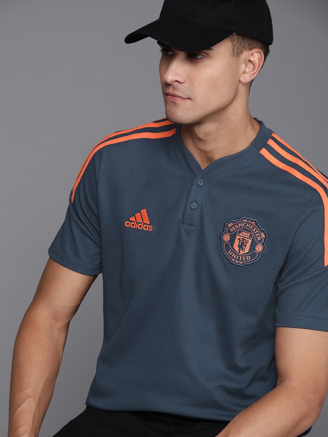 

ADIDAS Men Navy Blue & Orange Manchester United V-Neck Applique Aeroready T-shirt