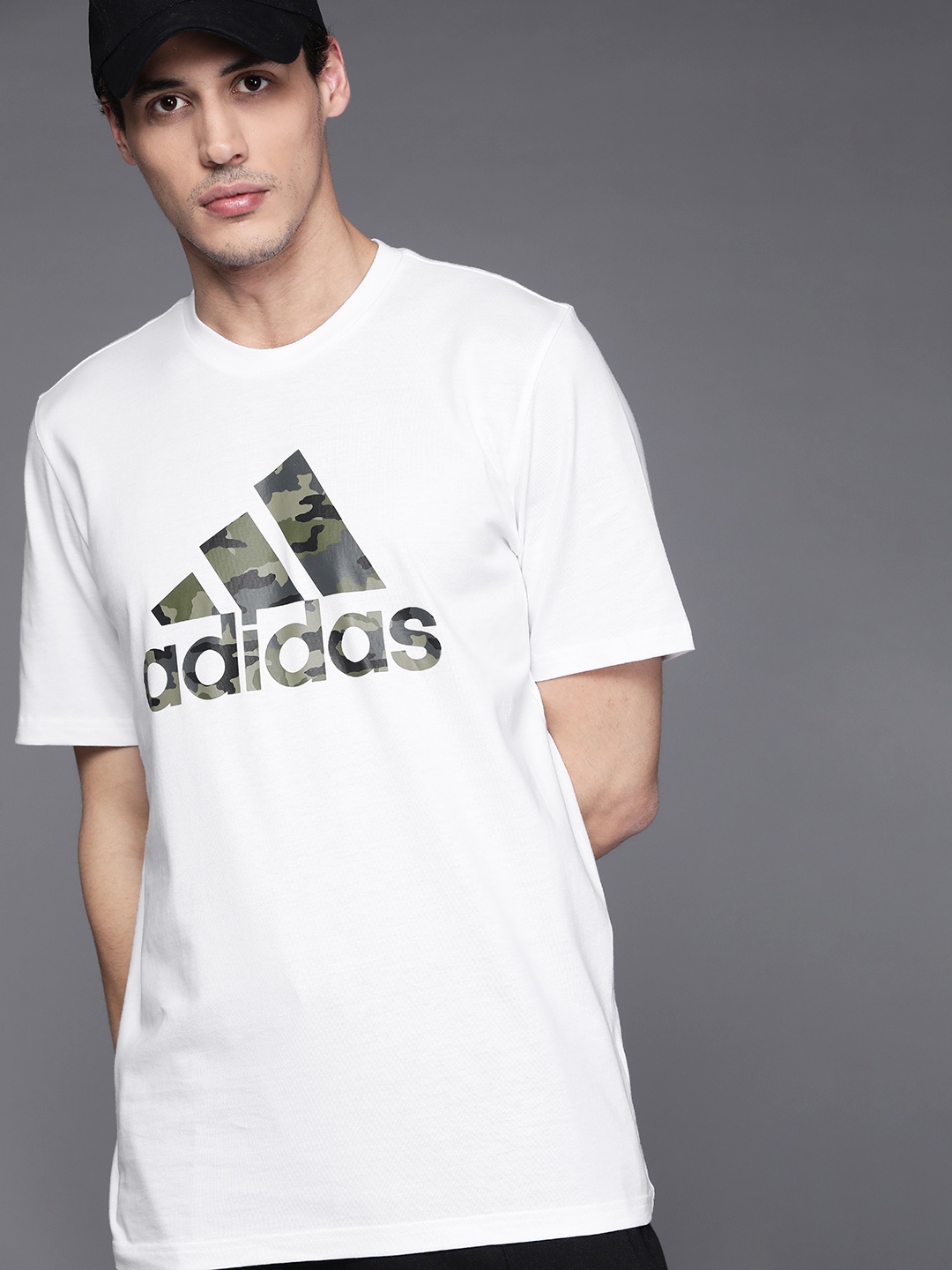 

ADIDAS Men White Camouflage Badge of Sport G Printed Pure Cotton Sustainable T-shirt