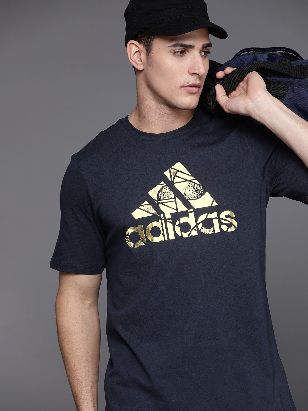 

ADIDAS Men Navy Blue M Foil BOS G T Brand Logo Printed Pure Cotton Sustainable T-shirt